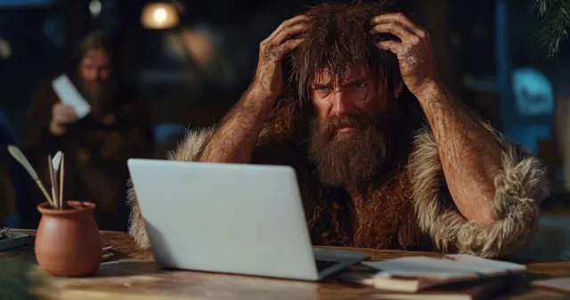 A fur-coated bearded person sits at a desk in dim light, holding his head while looking at a laptop.
