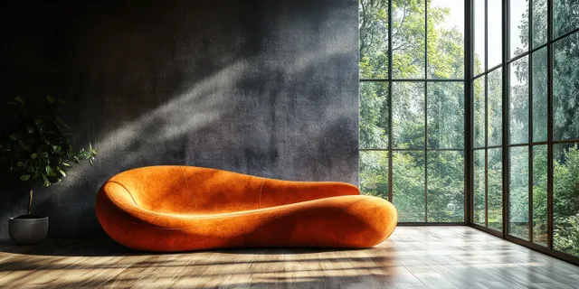 Orange sofa placed against a dark gray wall in a minimalist room with daylight from wide windows.