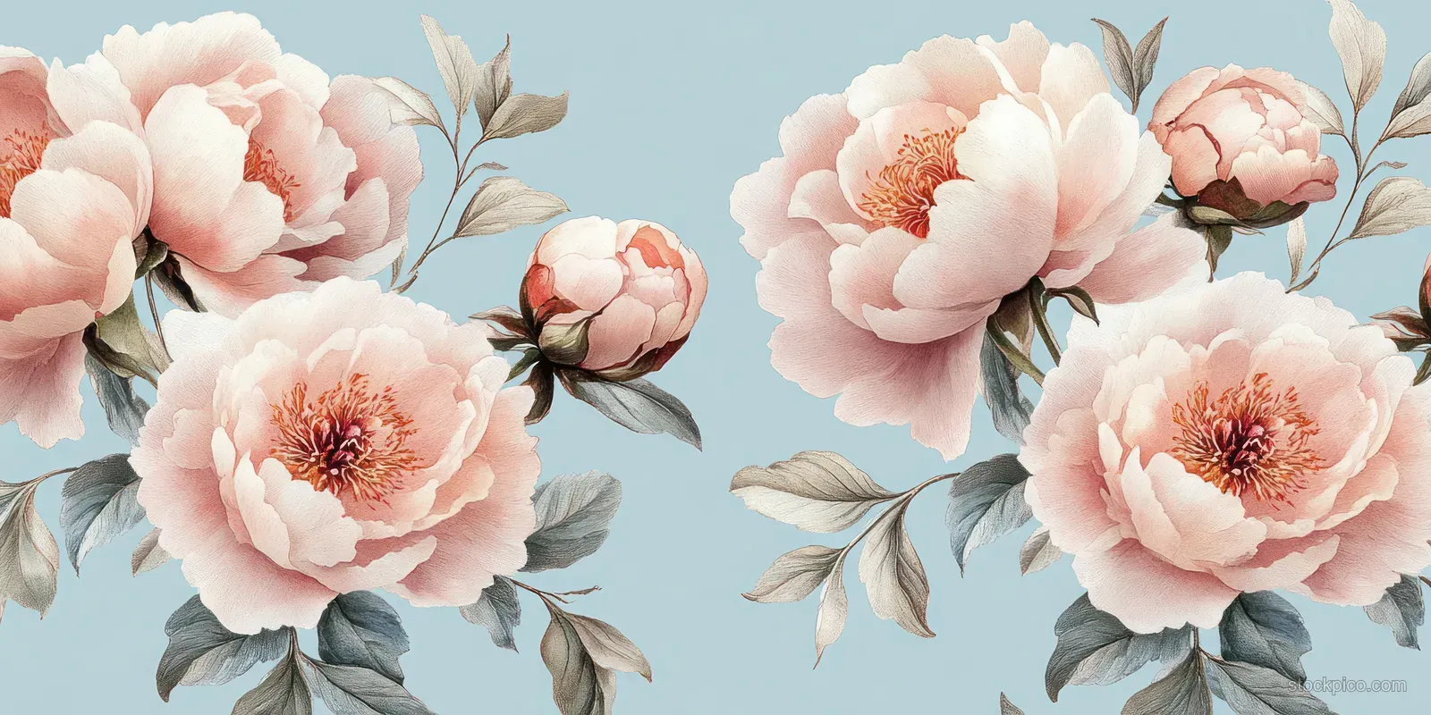 Seamless watercolor floral pattern of pink peonies and leaves on a pale blue background.