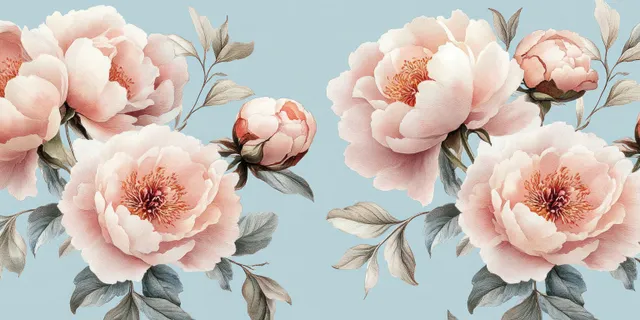 Pink peonies watercolor floral pattern on pale blue background with layered blossoms