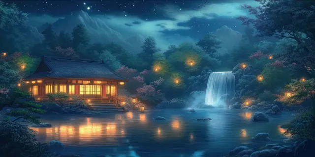 Japanese night pond garden with wooden house lights and cascading waterfall