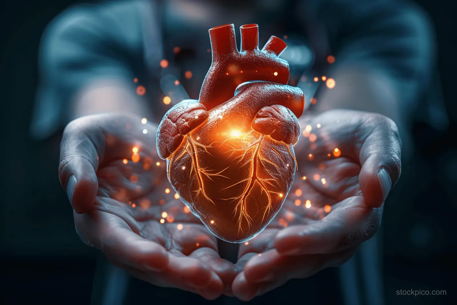 A glowing heart model is cradled in medical hands with holographic veins and spark-like light effects.