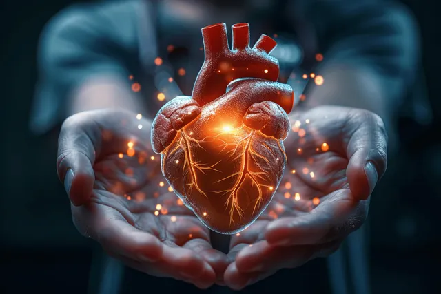 A glowing heart model is cradled in medical hands with holographic veins and spark-like light effects.