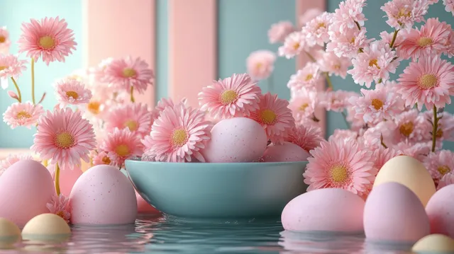 Pink flowers and pastel eggs in a blue bowl on water