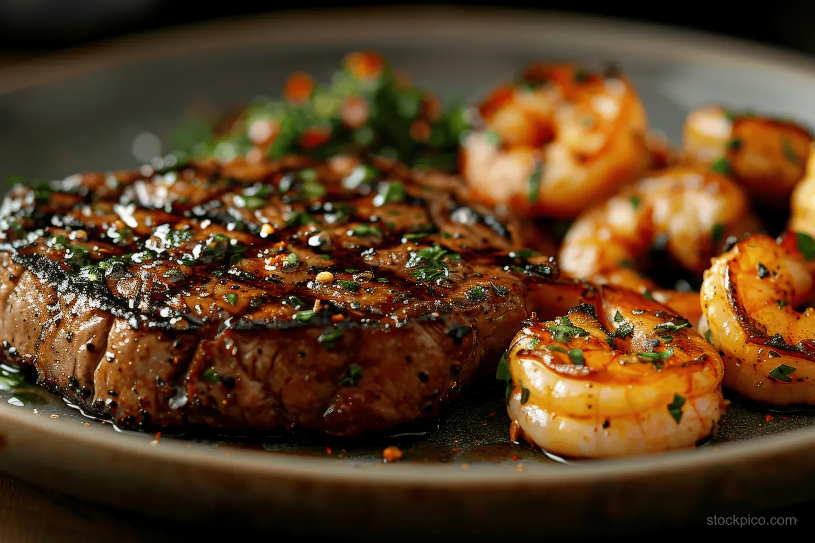 Grilled beef steak and shrimp on a platter with herb garnish and browned grill marks.