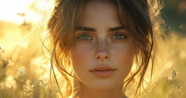 Close-up portrait of a young woman looking at the camera in a sunlit field during golden hour.