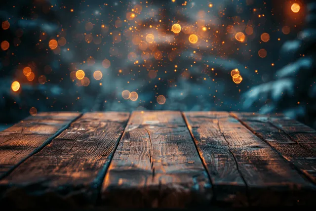 Empty wooden tabletop in the foreground with blurred golden bokeh lights against a dark night studio background.