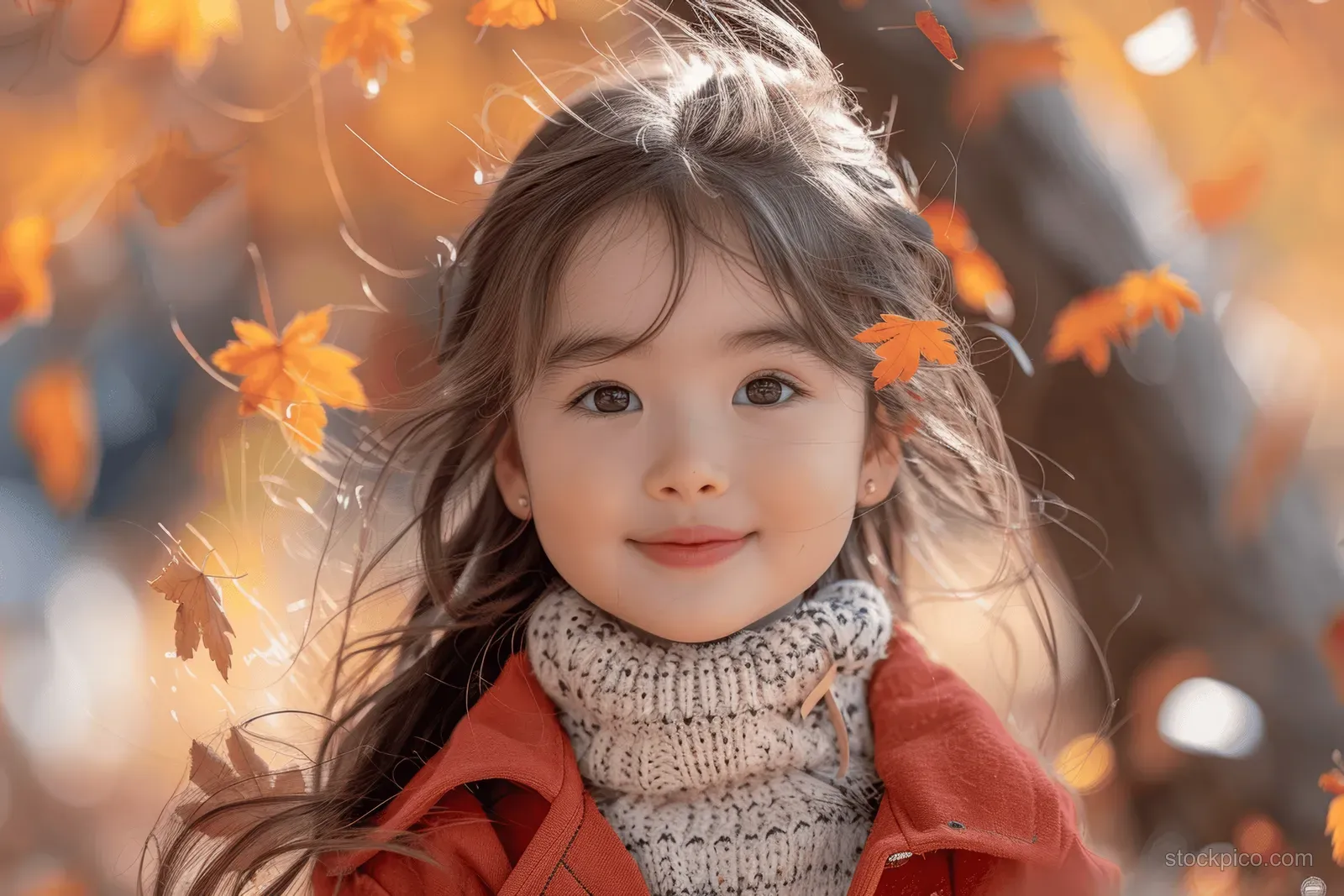 A little Asian girl in a red jacket smiles and laughs outdoors with autumn leaves floating around her.