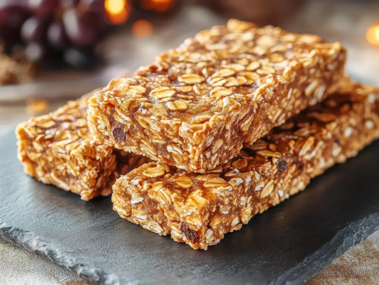 Three stacked oat and fruit granola bars resting on a dark slate surface under warm ambient light.