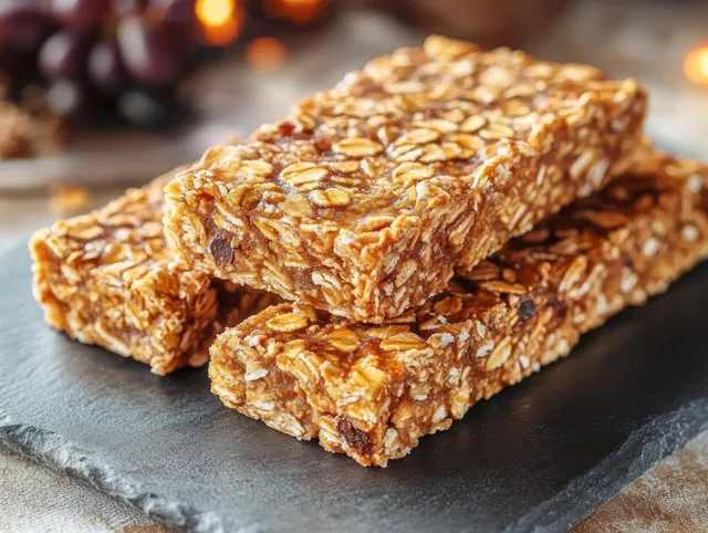 Three stacked oat and fruit granola bars resting on a dark slate surface under warm ambient light.