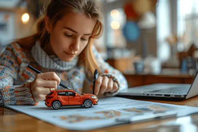Woman signs a car coordination form at a desk next to a red toy car and open laptop.