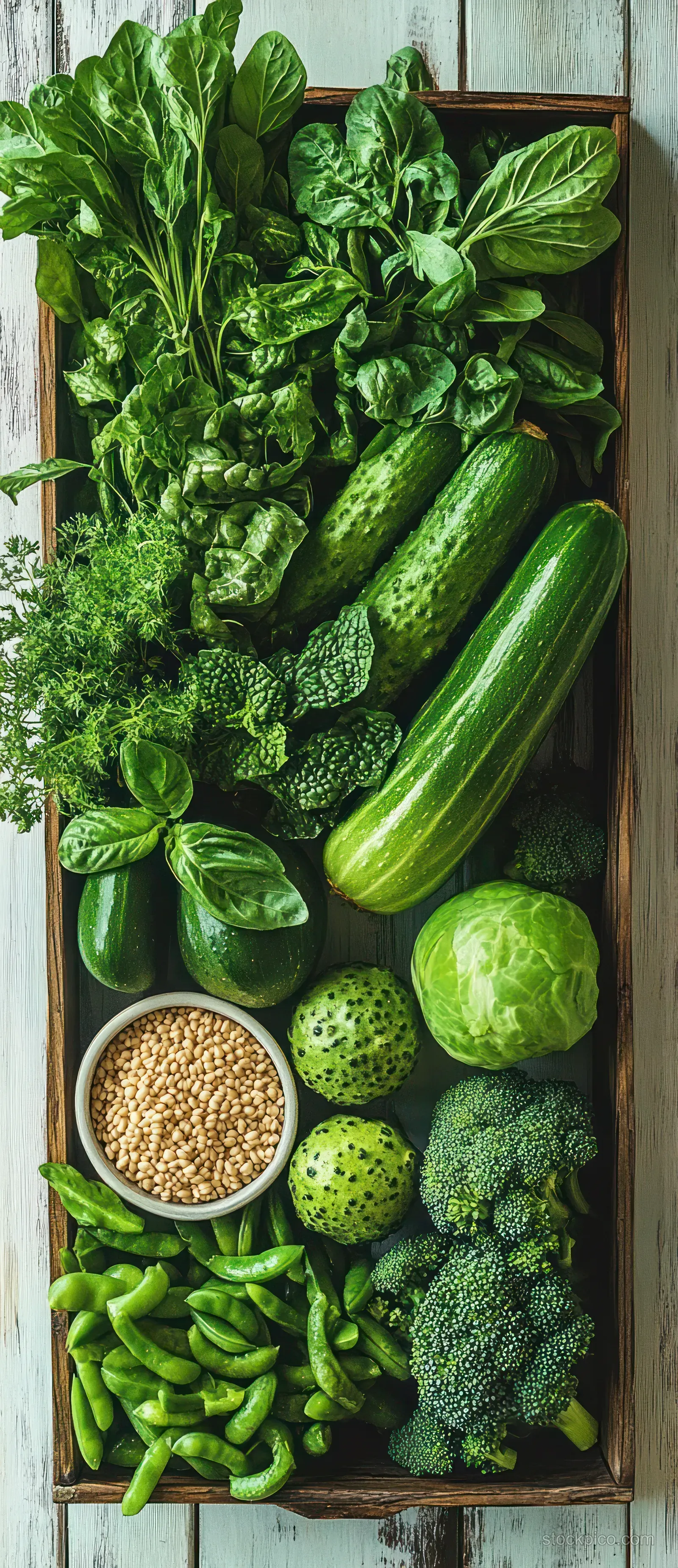 Assorted green vegetables and fresh herbs arranged in a wooden tray on a white wooden surface.