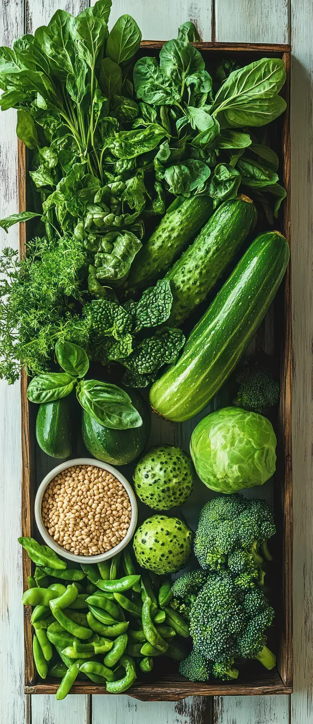 Green vegetable assortment in wooden tray with cucumbers, herbs, and pea pods on white boards