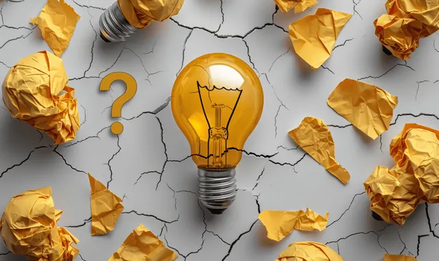 Glowing lightbulb idea emerging from torn paper with question marks scattered around