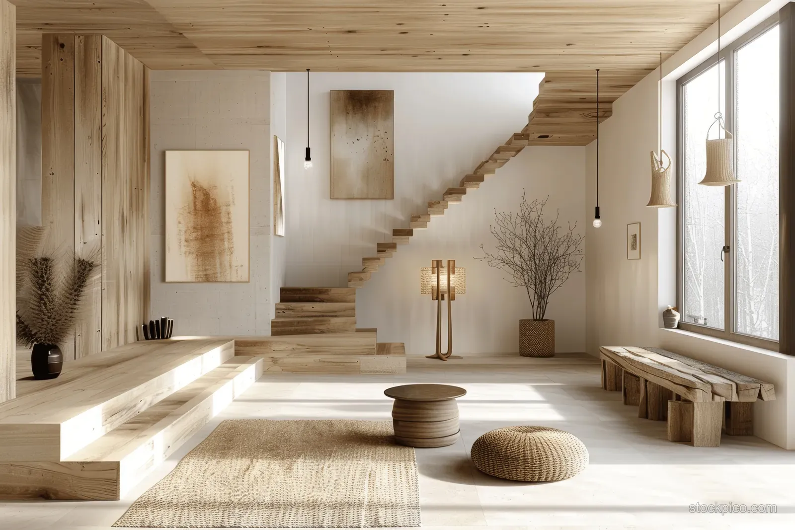 Wooden staircase in a bright white hall with pendant lights, framed wall art, and rugs on the floor.