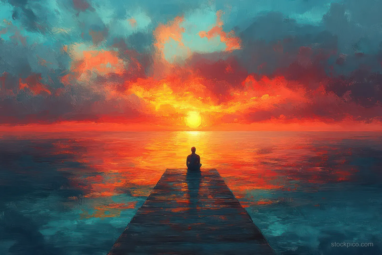 Silhouetted solo traveler sits on a wooden pier at sunset while ocean waves reflect golden light.