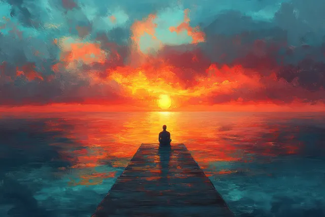 Silhouetted solo traveler sits on a wooden pier at sunset while ocean waves reflect golden light.