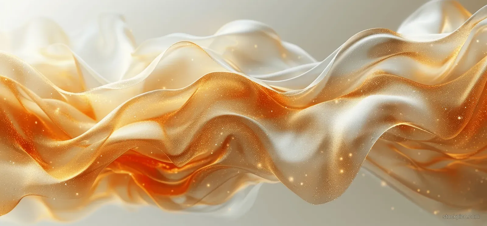 A glowing golden 3D wave ribbon flows across a beige abstract background with metallic highlights.