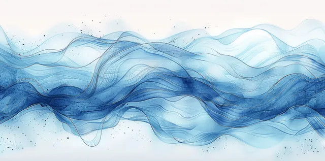 层叠的蓝色水彩海浪与白色泡沫涟漪在浅色背景上流动。