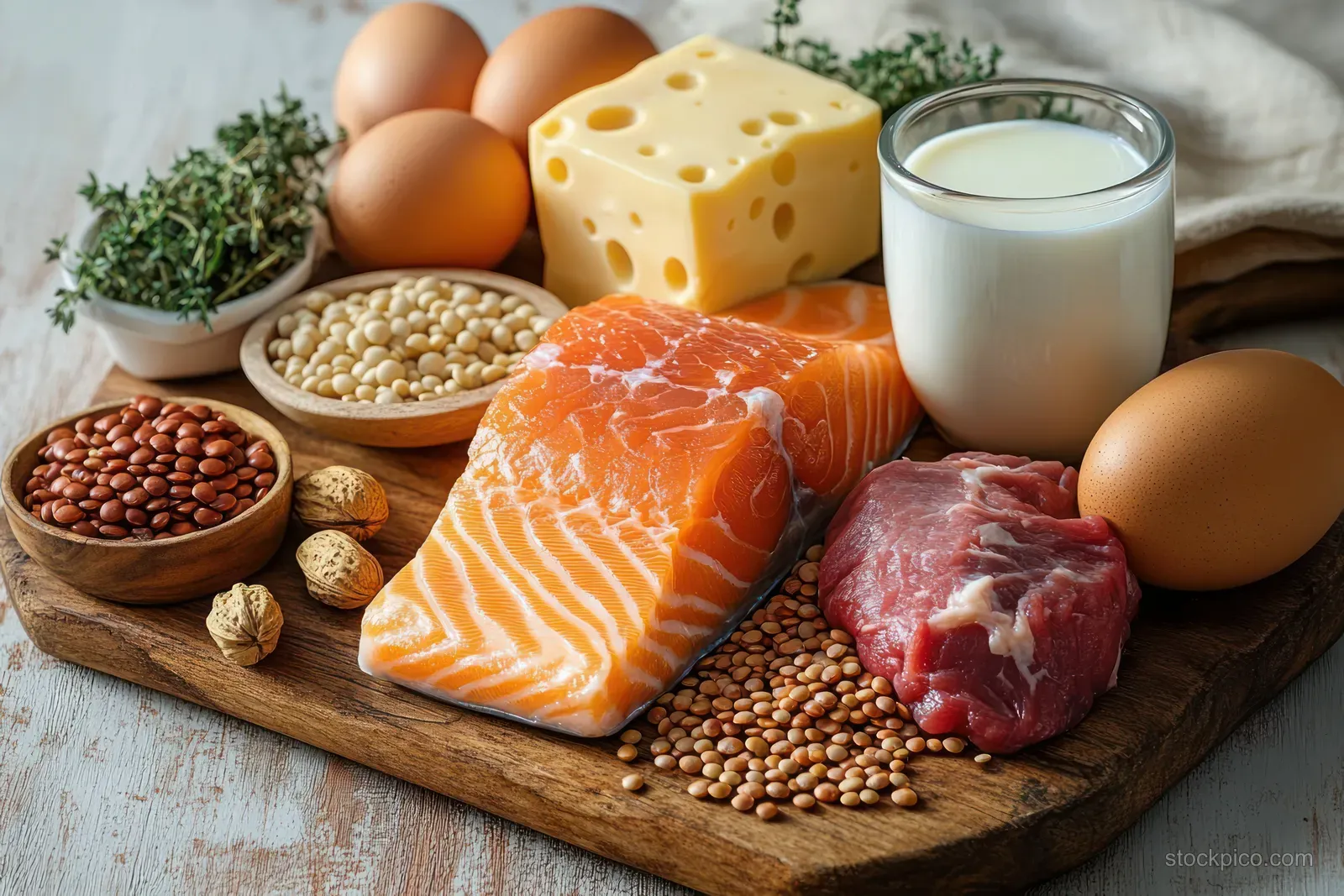 Protein-rich foods including salmon, beef, cheese, brown eggs, legumes, nuts, milk, and herbs arranged on a wooden board.