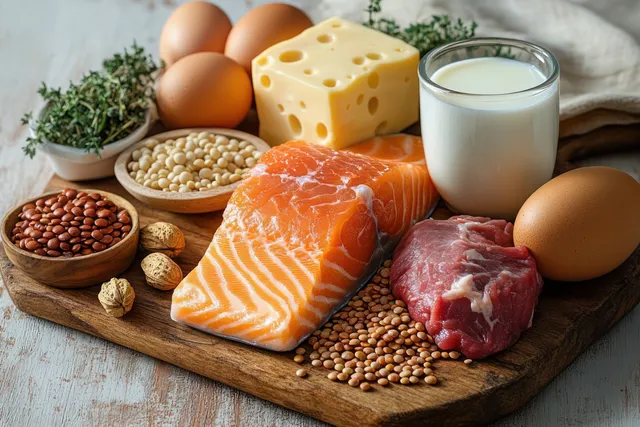Protein-rich foods including salmon, beef, cheese, brown eggs, legumes, nuts, milk, and herbs arranged on a wooden board.