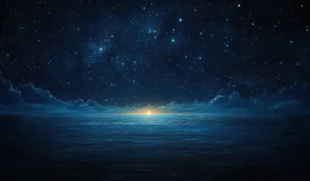 Moonlit ocean waves meet a glowing horizon beneath a starry night sky.