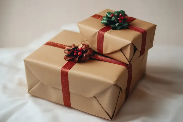 Two wrapped Christmas gift boxes on white fabric with red glitter ribbons and pinecone decorations.