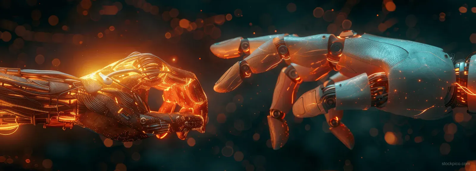 AI robots reach toward glowing nodes while data connection lines float across a dark futuristic network.