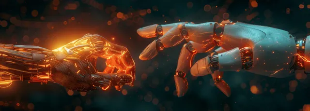 AI robots reach toward glowing nodes while data connection lines float across a dark futuristic network.
