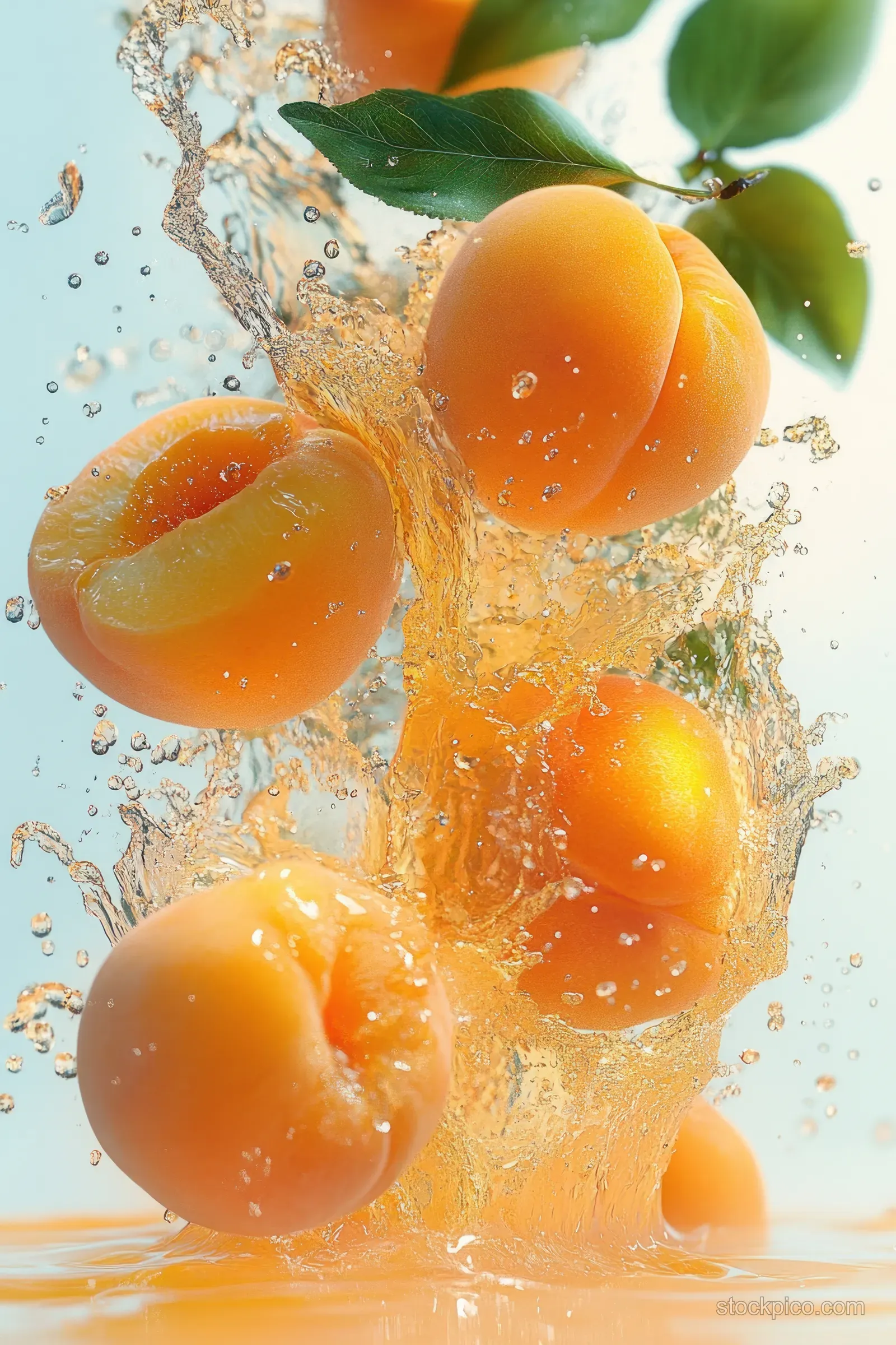 Apricots splash into golden juice on a white background with green leaves flying through the droplets.