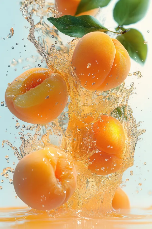 Apricots splash into golden juice on a white background with green leaves flying through the droplets.