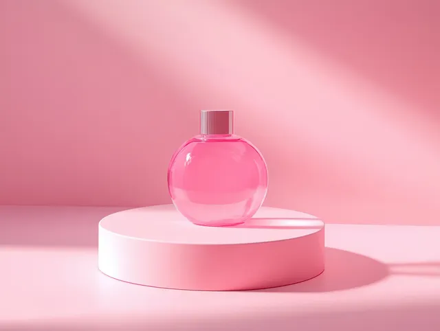 Pink glass perfume bottle standing on a minimalist circular podium against a soft pink gradient background.
