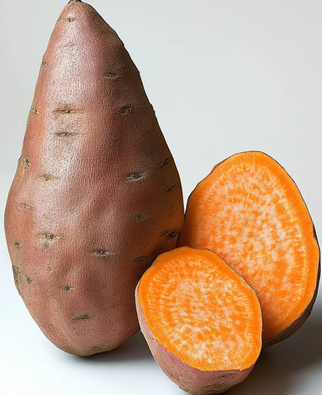 Whole and halved orange sweet potatoes on a plain white background showing textured skin and bright orange flesh.