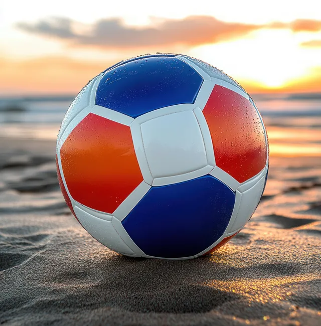 A Netherlands-colored soccer ball rests on a sandy beach with sunset light behind it.