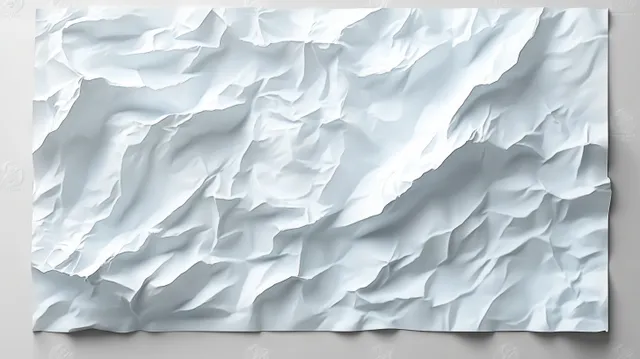 Crumpled white paper banner with deep folds and soft shadows on a clean surface