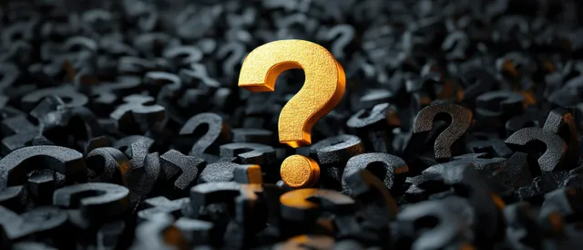 A golden question mark stands among many black question marks in a dark, shadowy scene.