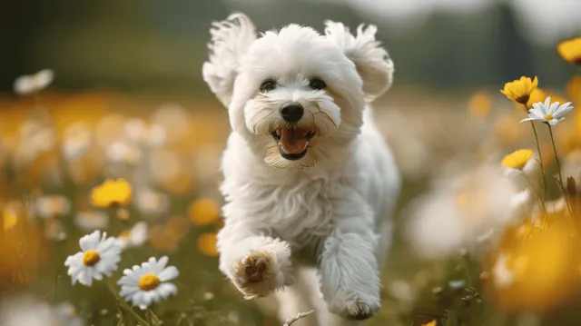 A white Maltese puppy runs toward the camera through a sunny spring dandelion field with yellow flowers.