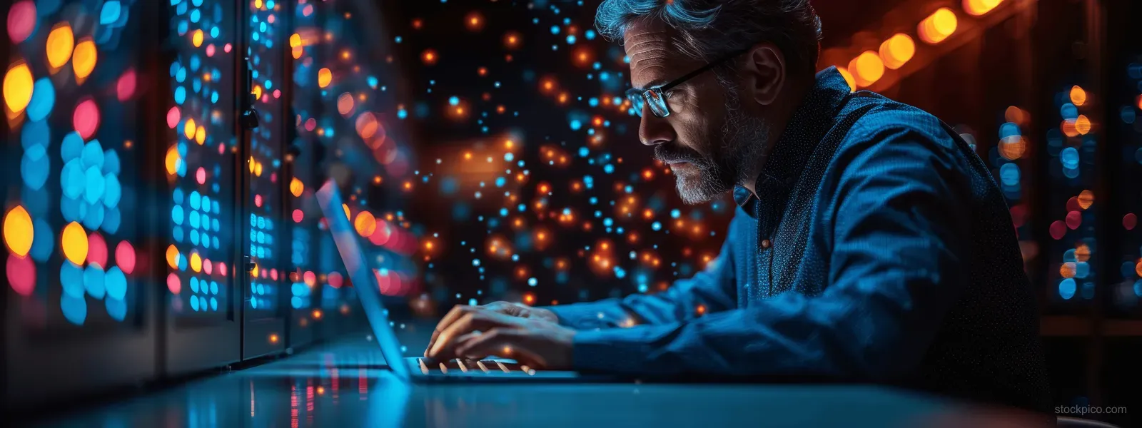 An IT engineer uses a laptop beside glowing server racks with network lights in the background.
