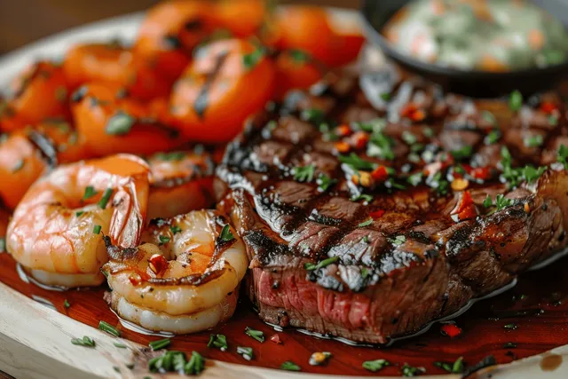 Sliced seared steak and shrimp on a platter with chopped herbs and roasted tomato garnish.