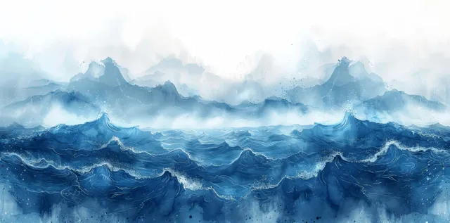 Layered ocean waves in light blue and white with foamy spray and a misty horizon background.