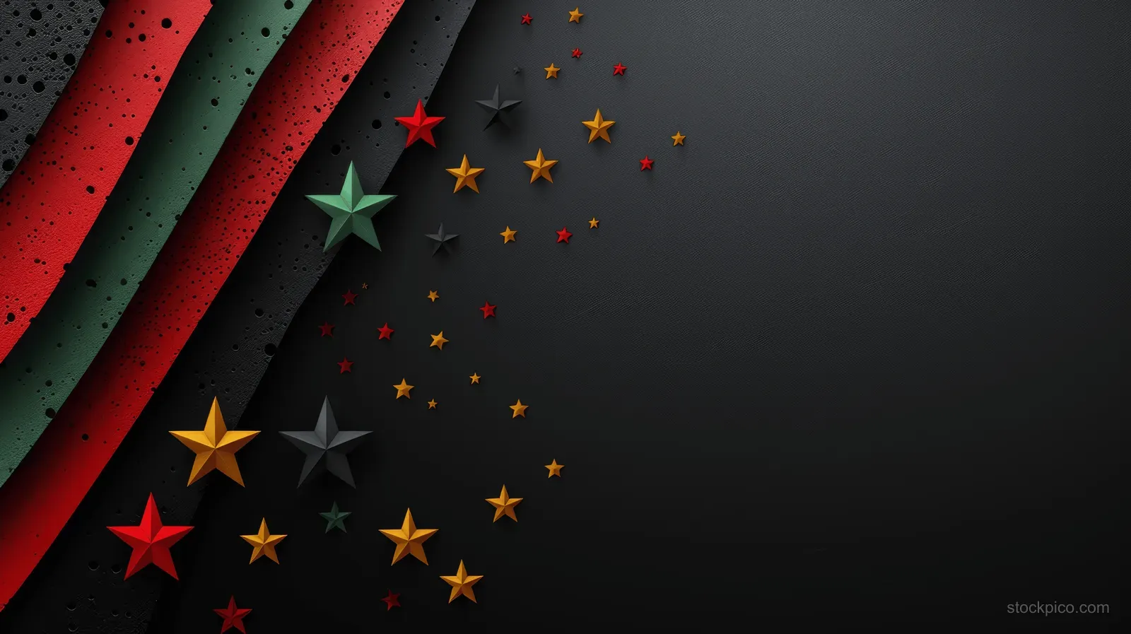 Diagonal red black and green stripes over a dark background with scattered star and confetti details.