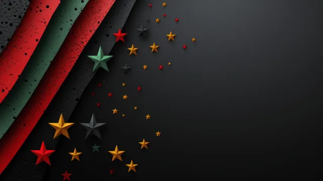 Diagonal red black and green stripes over a dark background with scattered star and confetti details.