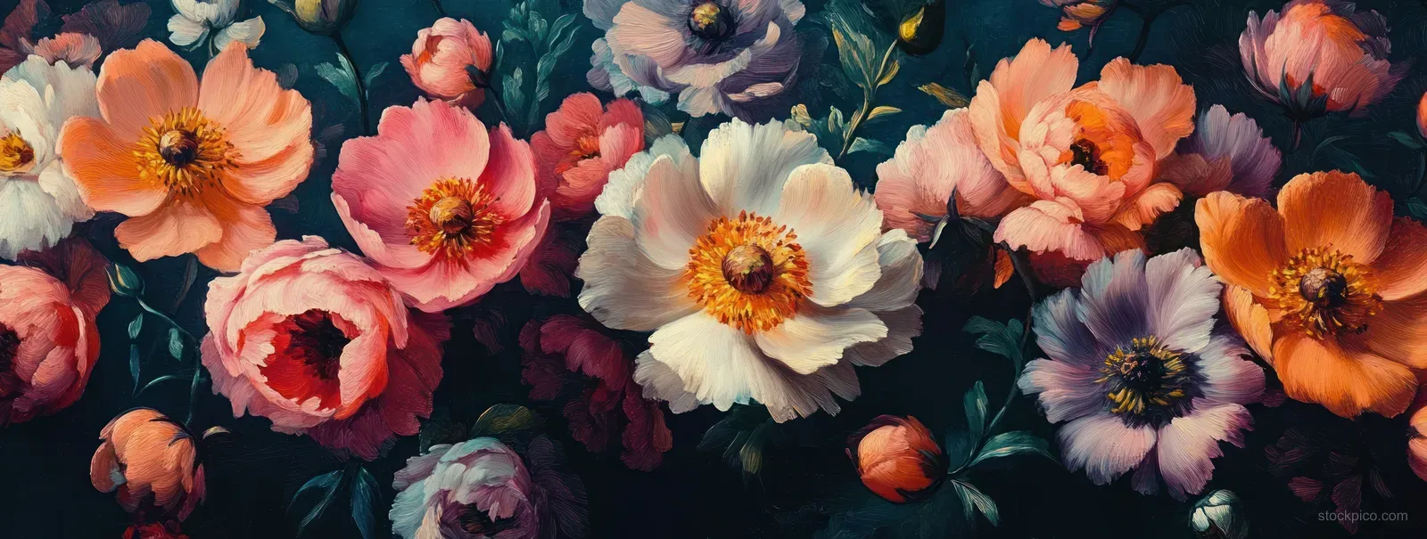 Impressionist floral bouquet of peonies and roses on a dark background.
