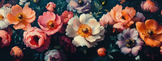 Impressionist floral bouquet with peonies and roses on dark background