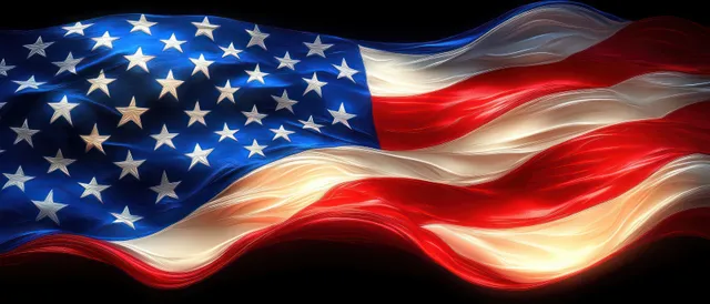 American flag waving in dramatic light with flowing fabric and glowing stars background