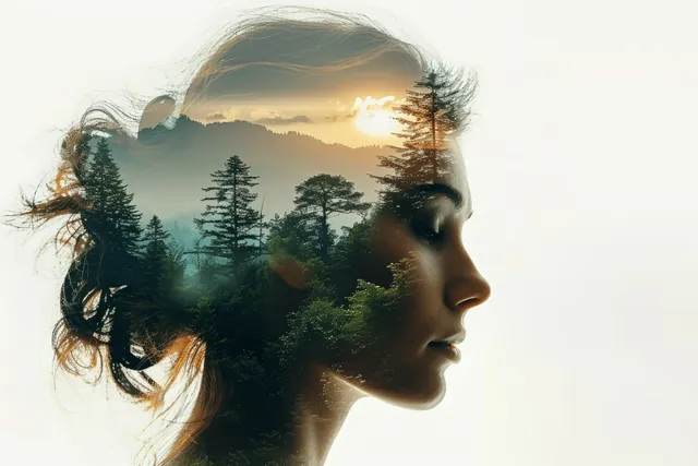 A woman’s profile portrait blends with forest trees in a double-exposure scene under soft sunset light.