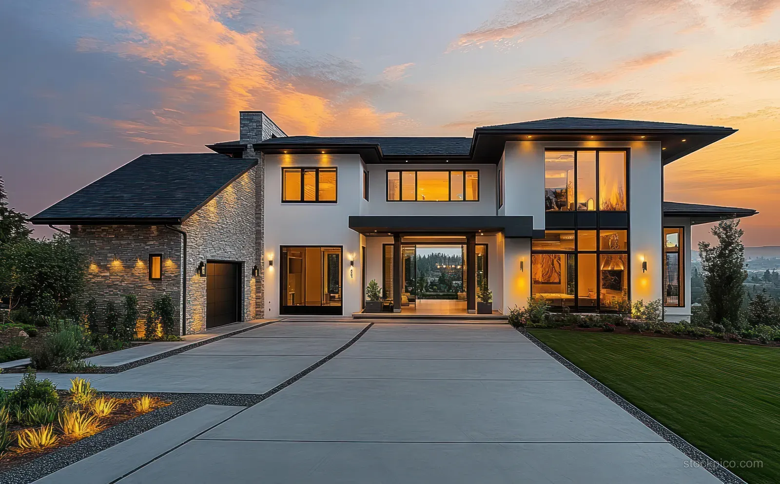 Modern two-story mansion exterior at sunset with glowing windows, driveway, and landscaped lawn.