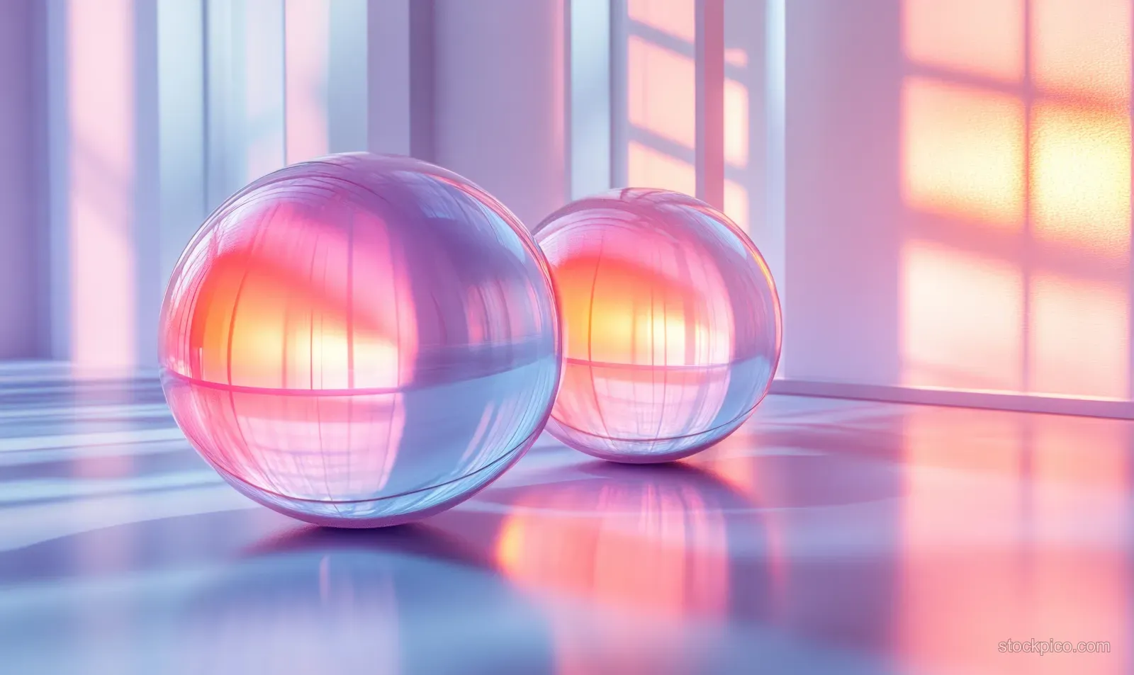Two iridescent metallic spheres resting on a glossy reflective floor beside soft window light.