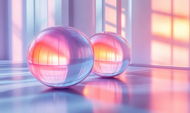 Two iridescent metallic spheres resting on a glossy reflective floor beside soft window light.
