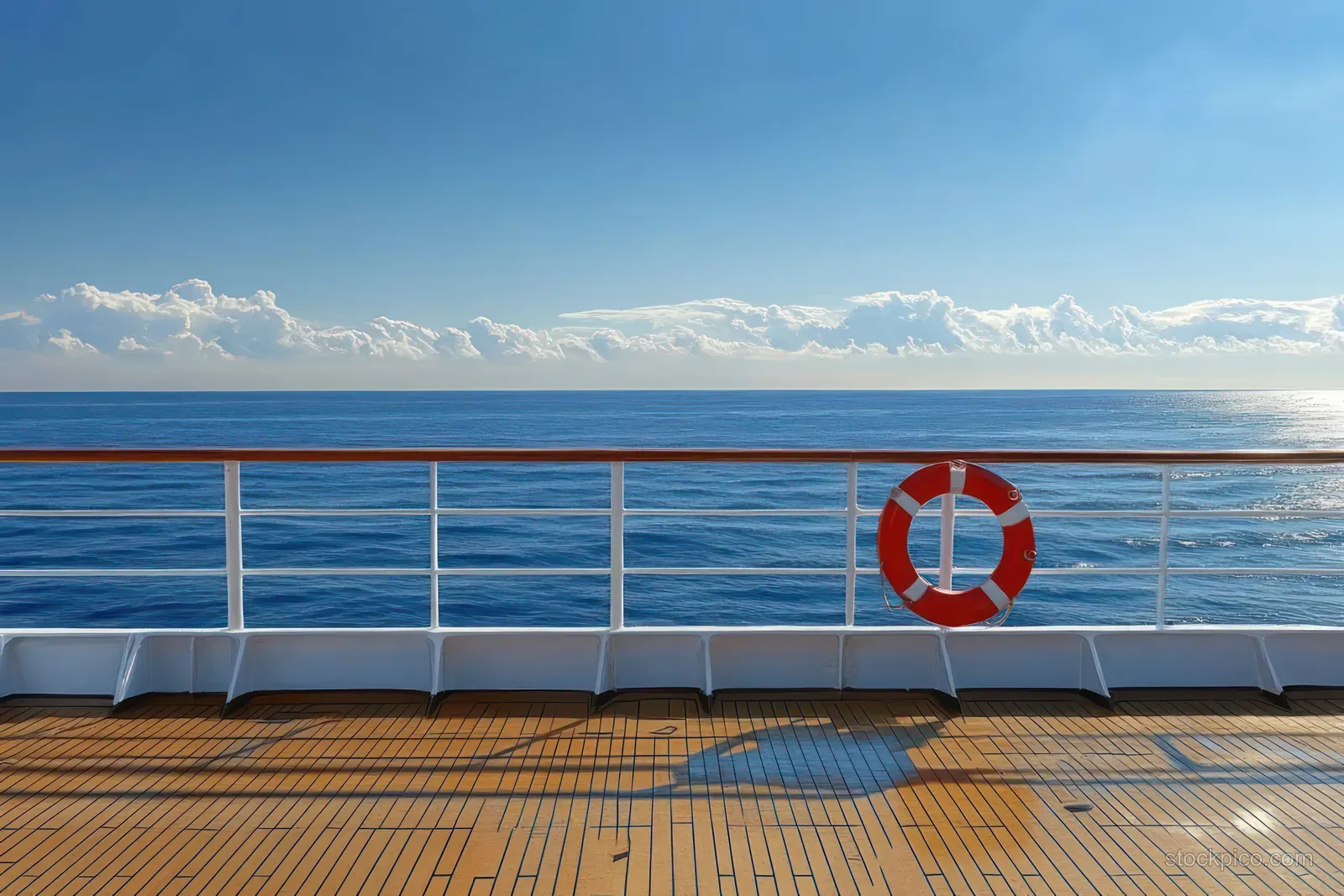Orange lifebuoy on a wooden ship deck with white railing overlooking calm blue ocean and horizon.